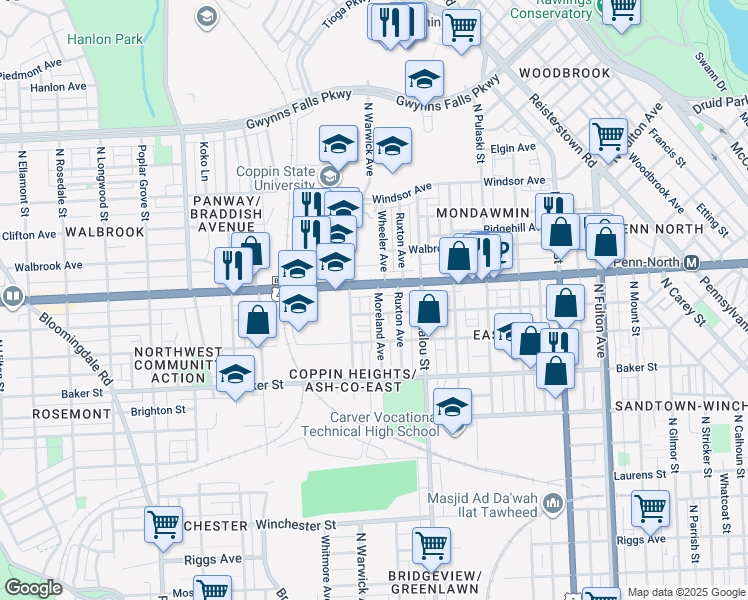 map of restaurants, bars, coffee shops, grocery stores, and more near 1818 Moreland Avenue in Baltimore