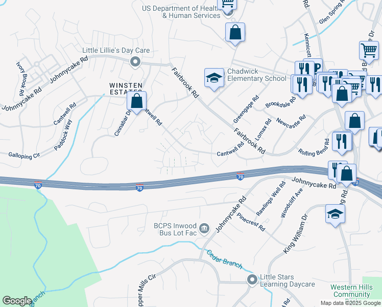 map of restaurants, bars, coffee shops, grocery stores, and more near 1531 Cantwell Road in Woodlawn