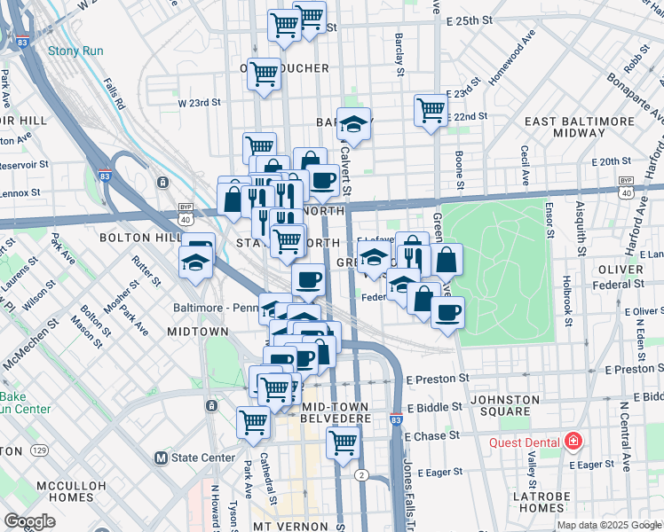 map of restaurants, bars, coffee shops, grocery stores, and more near 1703 Saint Paul Street in Baltimore