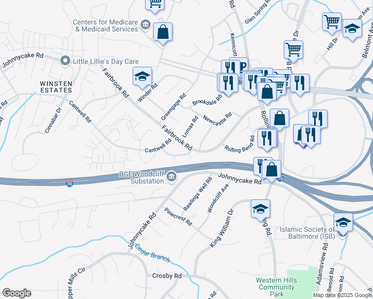 map of restaurants, bars, coffee shops, grocery stores, and more near 7201 Fairbrook Road in Woodlawn