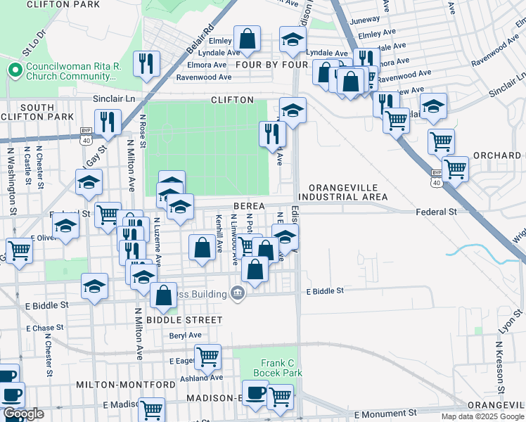 map of restaurants, bars, coffee shops, grocery stores, and more near 3019 Federal Street in Baltimore