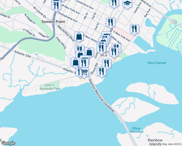 map of restaurants, bars, coffee shops, grocery stores, and more near 1049 Shore Road in Somers Point