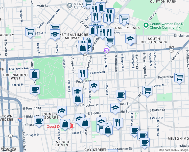 map of restaurants, bars, coffee shops, grocery stores, and more near 1631 North Spring Street in Baltimore