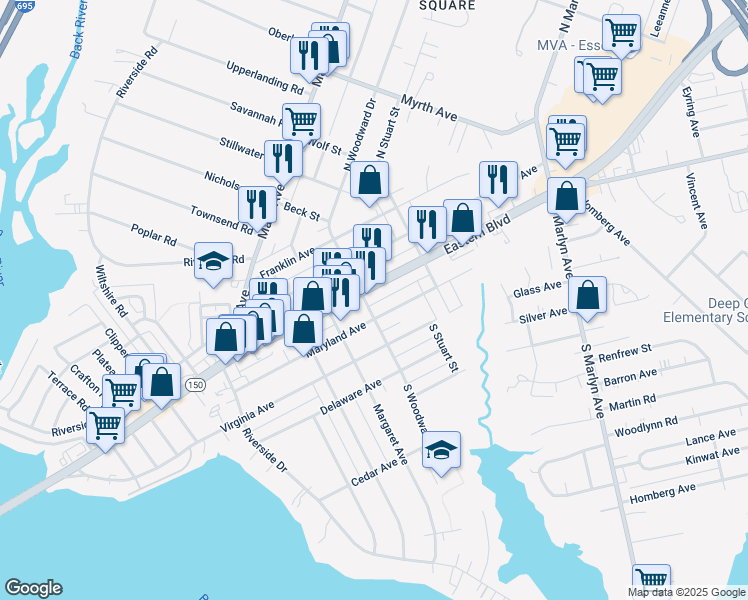 map of restaurants, bars, coffee shops, grocery stores, and more near 601 Eastern Boulevard in Essex