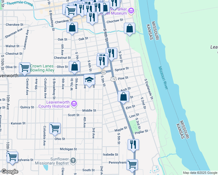 map of restaurants, bars, coffee shops, grocery stores, and more near 1015 South 5th Street in Leavenworth