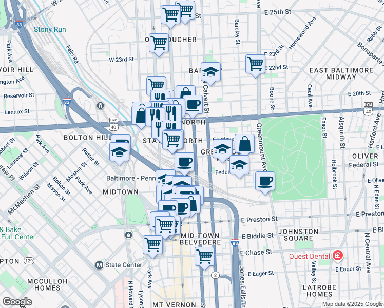 map of restaurants, bars, coffee shops, grocery stores, and more near 1704 Saint Paul Street in Baltimore