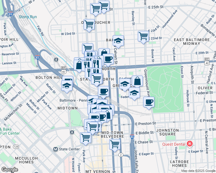 map of restaurants, bars, coffee shops, grocery stores, and more near 1704 Saint Paul Street in Baltimore