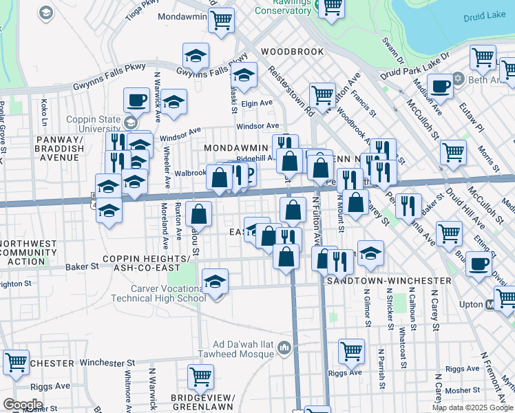 map of restaurants, bars, coffee shops, grocery stores, and more near 1810 North Payson Street in Baltimore