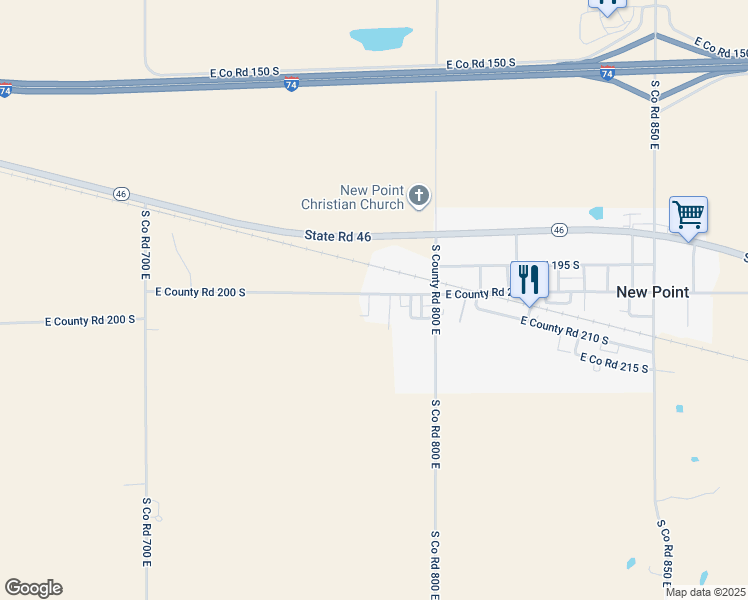 map of restaurants, bars, coffee shops, grocery stores, and more near 7663 East County Road 200 South in Greensburg