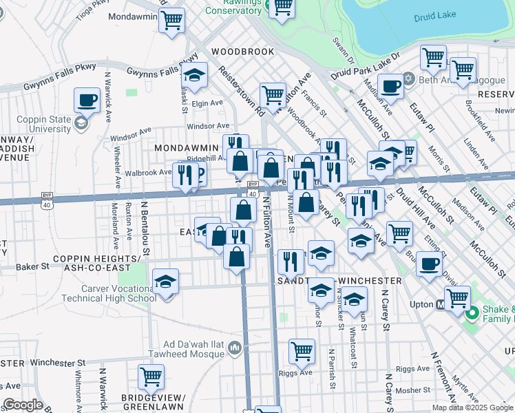 map of restaurants, bars, coffee shops, grocery stores, and more near 1807 McKean Avenue in Baltimore