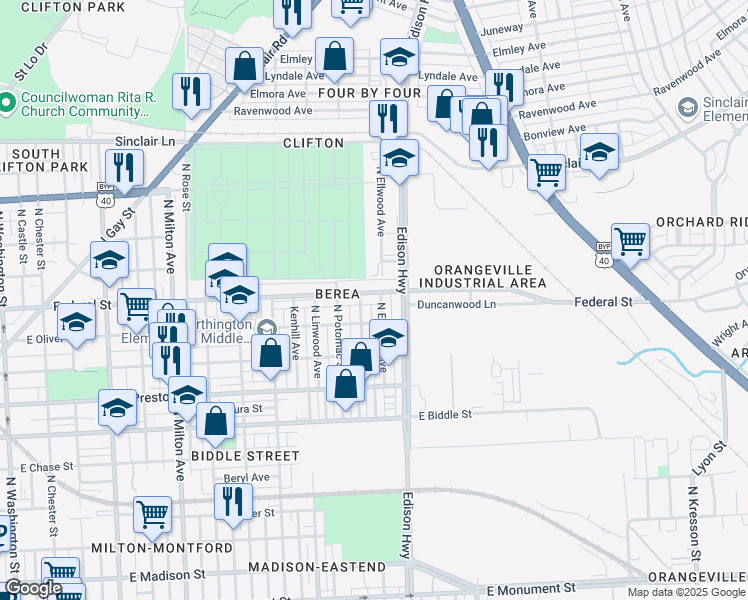 map of restaurants, bars, coffee shops, grocery stores, and more near 3033 Federal Street in Baltimore