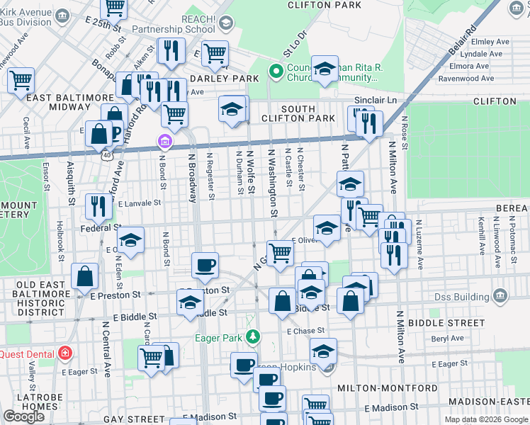 map of restaurants, bars, coffee shops, grocery stores, and more near 1601 North Chapel Street in Baltimore