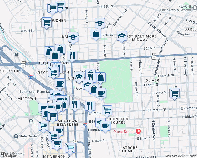 map of restaurants, bars, coffee shops, grocery stores, and more near 1700 Greenmount Avenue in Baltimore