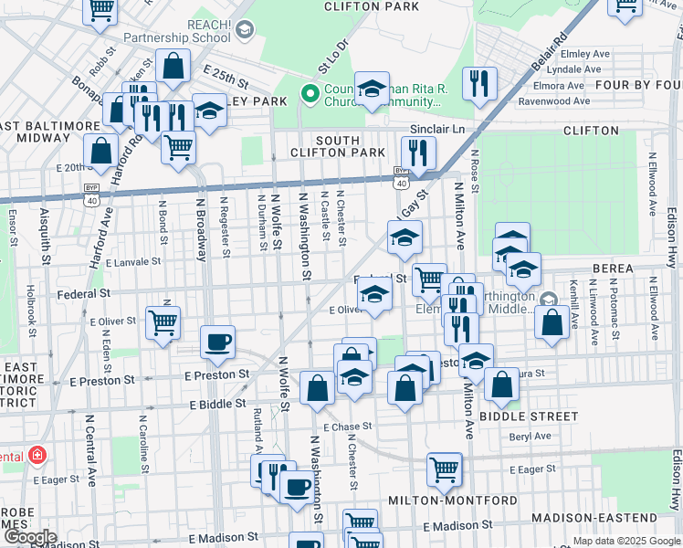 map of restaurants, bars, coffee shops, grocery stores, and more near 1600 North Chester Street in Baltimore