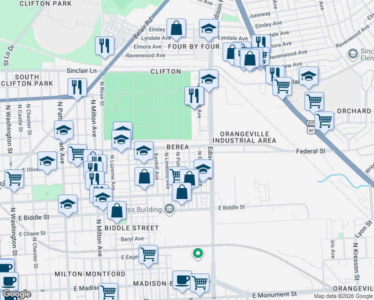 map of restaurants, bars, coffee shops, grocery stores, and more near 3019 Federal Street in Baltimore