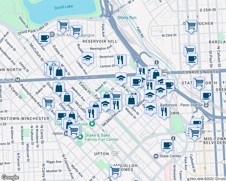 map of restaurants, bars, coffee shops, grocery stores, and more near 1732 Bolton Street in Baltimore