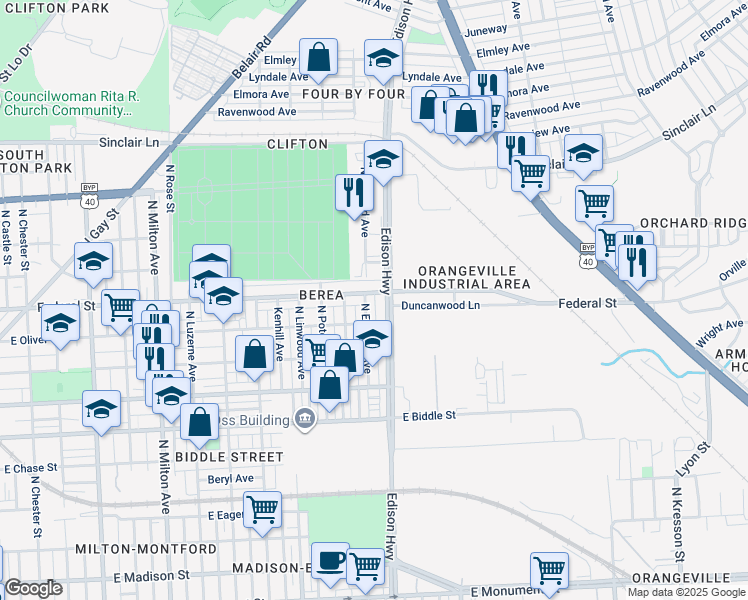 map of restaurants, bars, coffee shops, grocery stores, and more near 3107 Federal Street in Baltimore