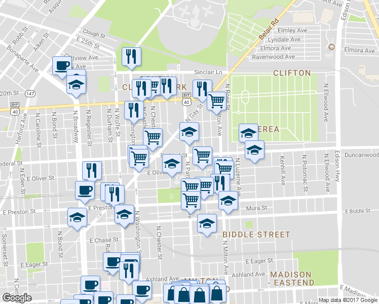 map of restaurants, bars, coffee shops, grocery stores, and more near 1603 North Patterson Park Avenue in Baltimore