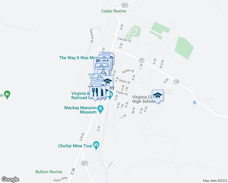 map of restaurants, bars, coffee shops, grocery stores, and more near 109 F St in Storey