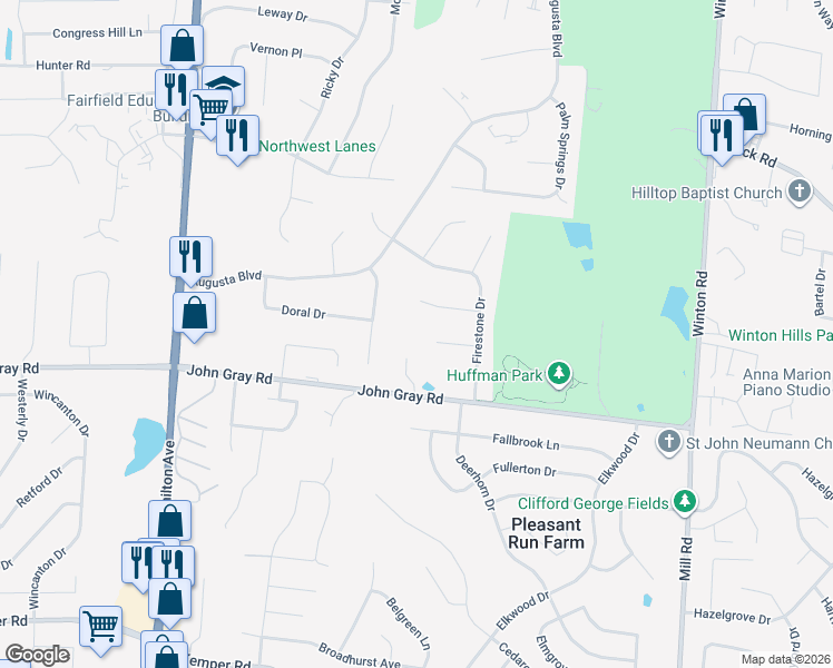 map of restaurants, bars, coffee shops, grocery stores, and more near 5461 Polo Woods Court in Fairfield