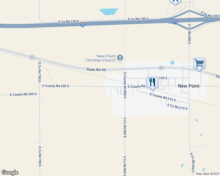 map of restaurants, bars, coffee shops, grocery stores, and more near 7663 East County Road 200 South in Greensburg
