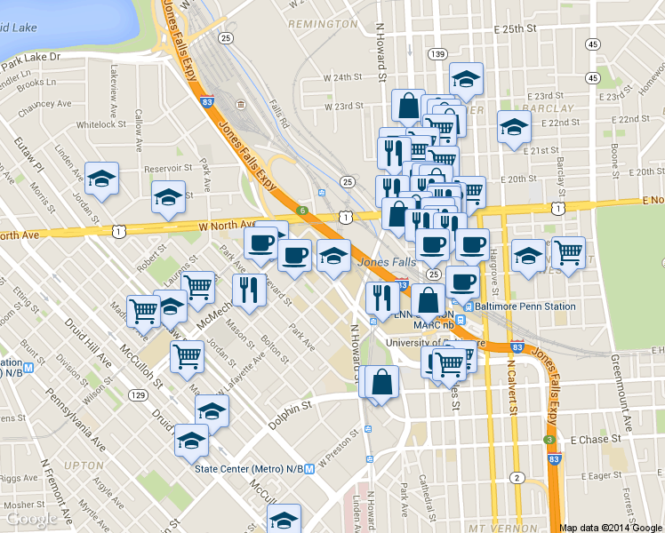 map of restaurants, bars, coffee shops, grocery stores, and more near 1401 West Mount Royal Avenue in Baltimore