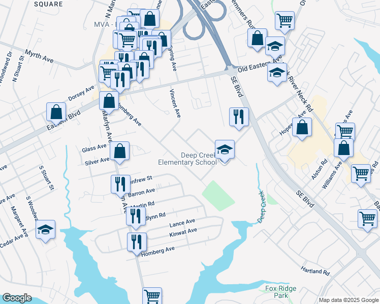 map of restaurants, bars, coffee shops, grocery stores, and more near 330 Maple Avenue in Essex