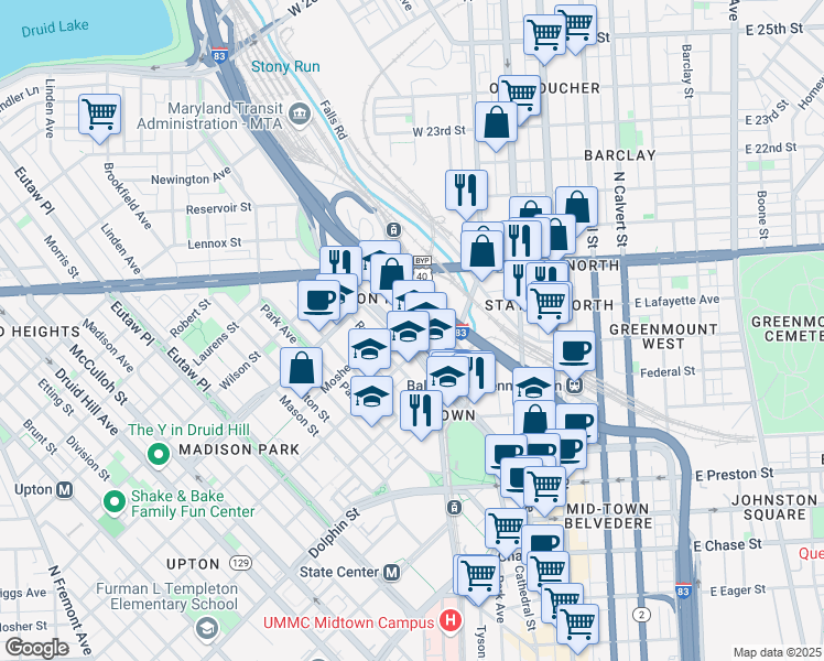 map of restaurants, bars, coffee shops, grocery stores, and more near 1401 West Mount Royal Avenue in Baltimore