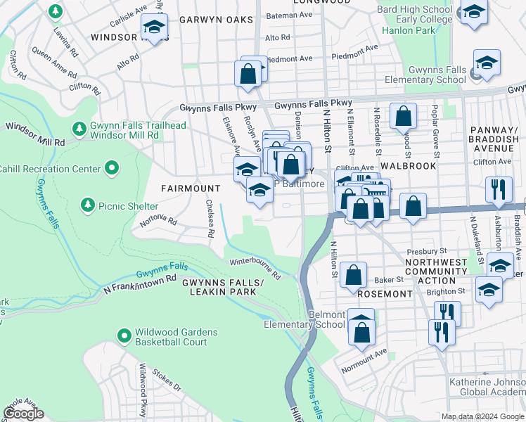 map of restaurants, bars, coffee shops, grocery stores, and more near 1900 Edgewood Street in Baltimore
