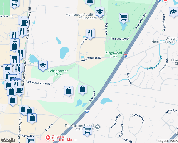 map of restaurants, bars, coffee shops, grocery stores, and more near 4361 Irwin Simpson Road in Mason