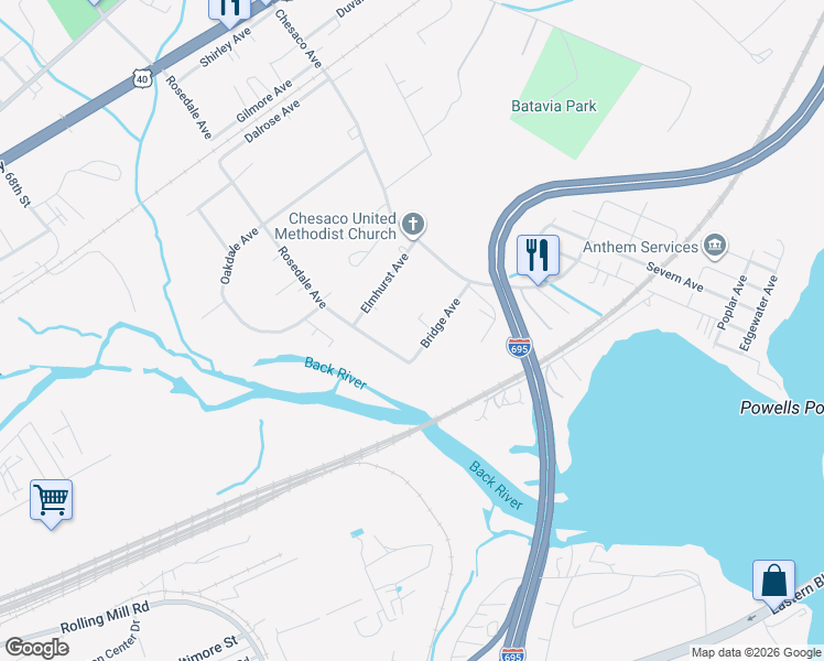 map of restaurants, bars, coffee shops, grocery stores, and more near 7910 Bridge Avenue in Rosedale
