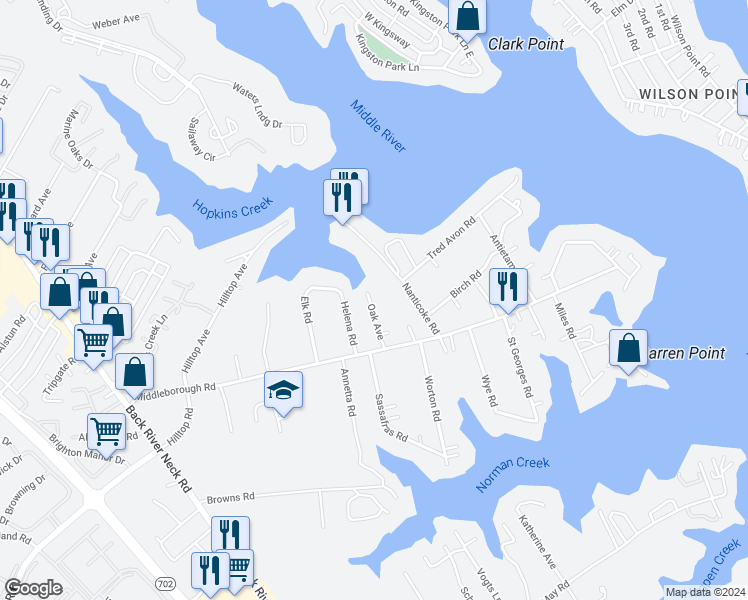 map of restaurants, bars, coffee shops, grocery stores, and more near 203 Oak Avenue in Essex