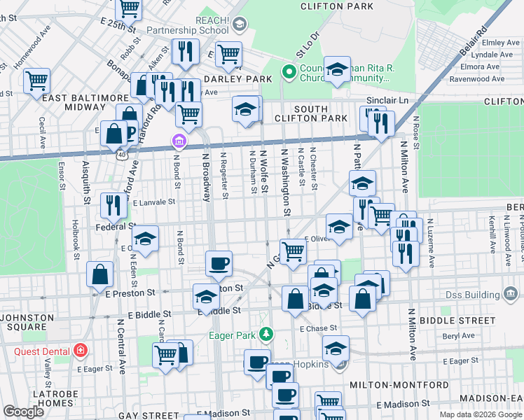 map of restaurants, bars, coffee shops, grocery stores, and more near 1618 North Wolfe Street in Baltimore