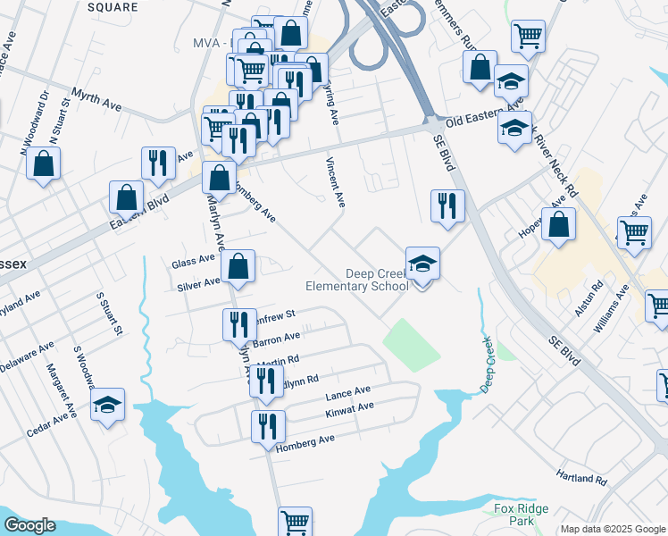 map of restaurants, bars, coffee shops, grocery stores, and more near 317 Homberg Avenue in Essex