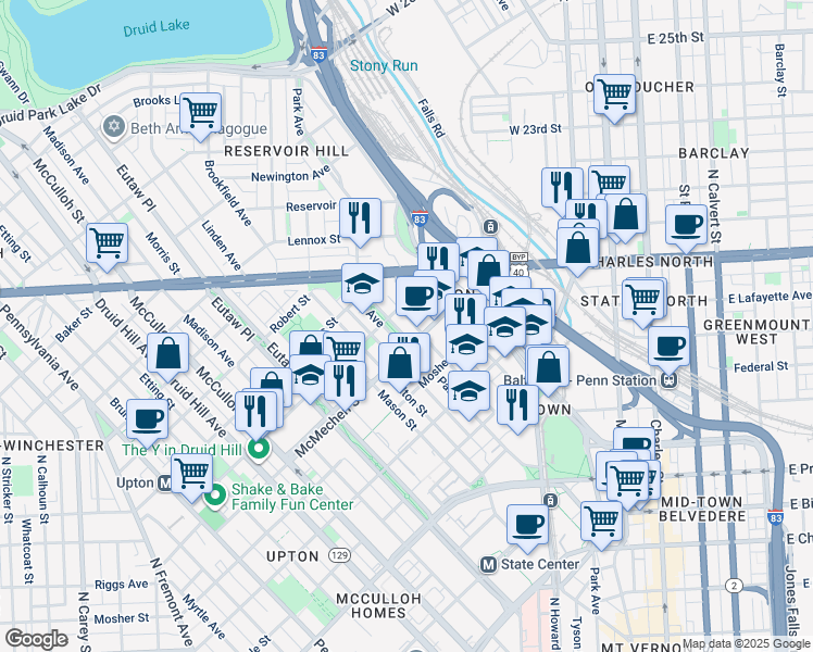 map of restaurants, bars, coffee shops, grocery stores, and more near 1615 Park Avenue in Baltimore