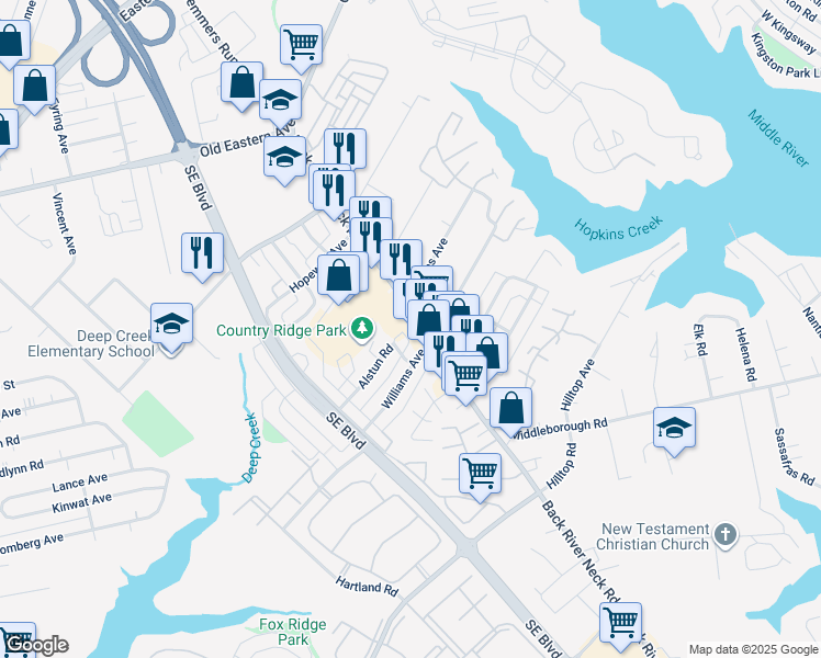 map of restaurants, bars, coffee shops, grocery stores, and more near 146H Back River Neck Road in Baltimore