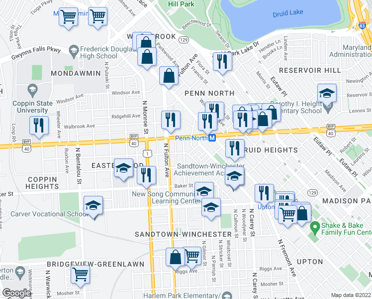 map of restaurants, bars, coffee shops, grocery stores, and more near 1807 North Mount Street in Baltimore
