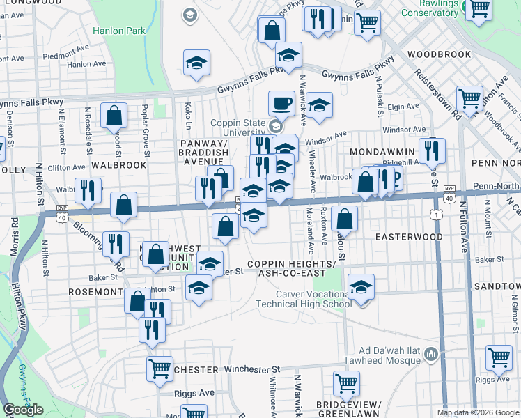 map of restaurants, bars, coffee shops, grocery stores, and more near 2551 West North Avenue in Baltimore