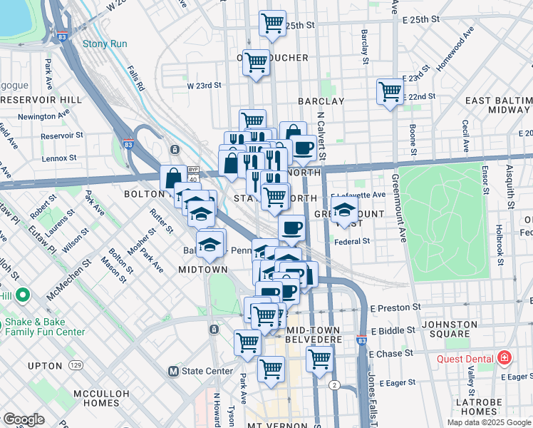 map of restaurants, bars, coffee shops, grocery stores, and more near 6 West Lanvale Street in Baltimore