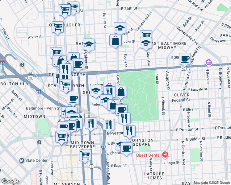 map of restaurants, bars, coffee shops, grocery stores, and more near 418 East Lanvale Street in Baltimore
