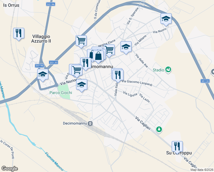 map of restaurants, bars, coffee shops, grocery stores, and more near 13 Vico Papa Giovanni XXIII in Decimomannu