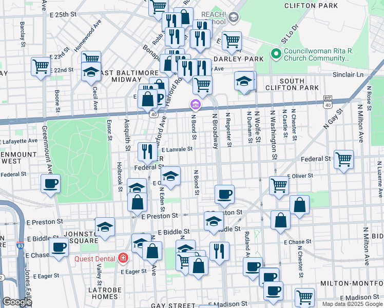 map of restaurants, bars, coffee shops, grocery stores, and more near 1630 North Bond Street in Baltimore