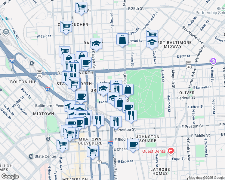 map of restaurants, bars, coffee shops, grocery stores, and more near 318 East Lanvale Street in Baltimore