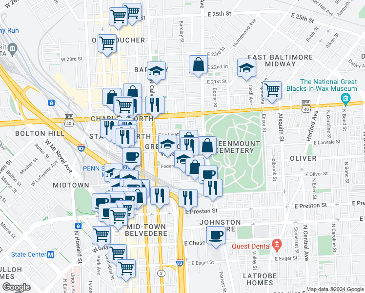 map of restaurants, bars, coffee shops, grocery stores, and more near 318 East Lanvale Street in Baltimore