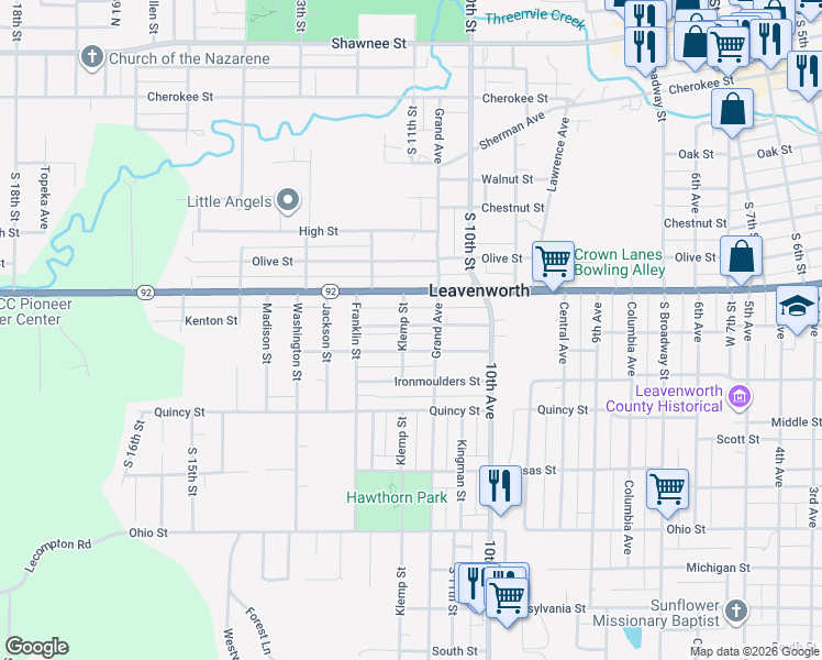map of restaurants, bars, coffee shops, grocery stores, and more near 1001 Klemp Street in Leavenworth