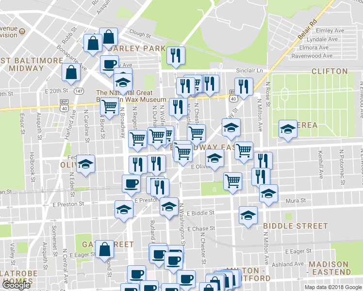 map of restaurants, bars, coffee shops, grocery stores, and more near 1607 North Washington Street in Baltimore
