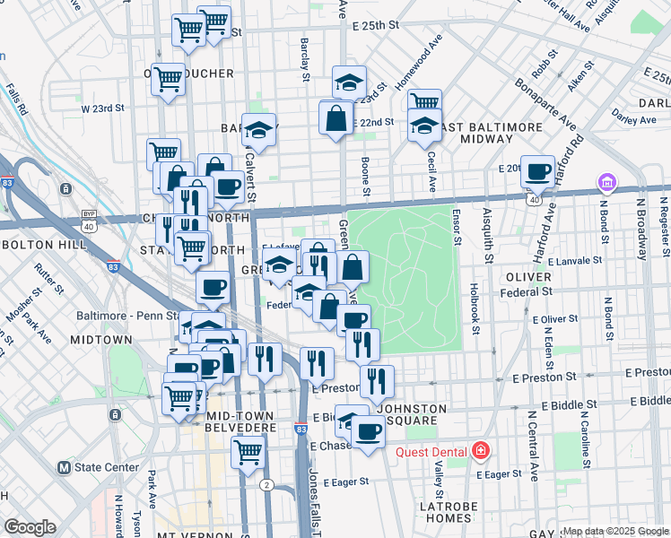 map of restaurants, bars, coffee shops, grocery stores, and more near 418 East Lanvale Street in Baltimore