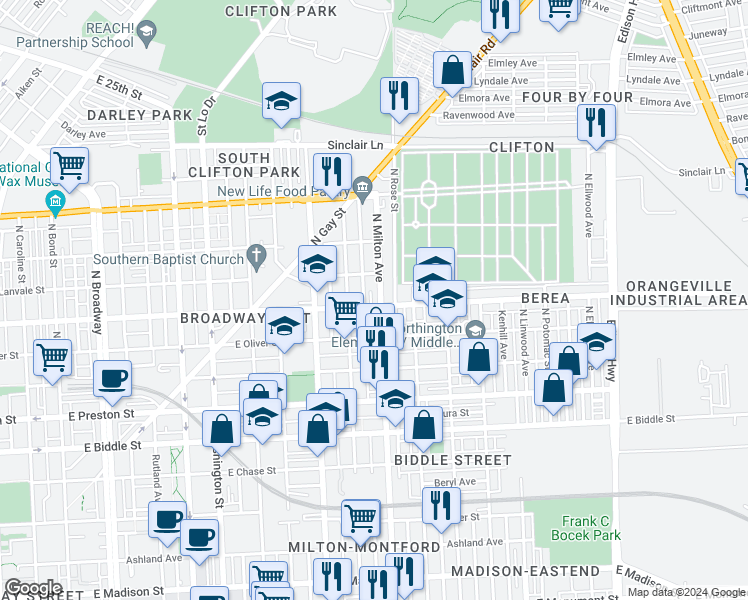 map of restaurants, bars, coffee shops, grocery stores, and more near 1604 North Milton Avenue in Baltimore