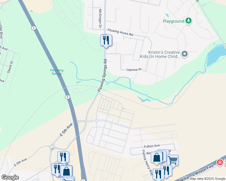 map of restaurants, bars, coffee shops, grocery stores, and more near 1194 Flowing Springs Road in Ranson