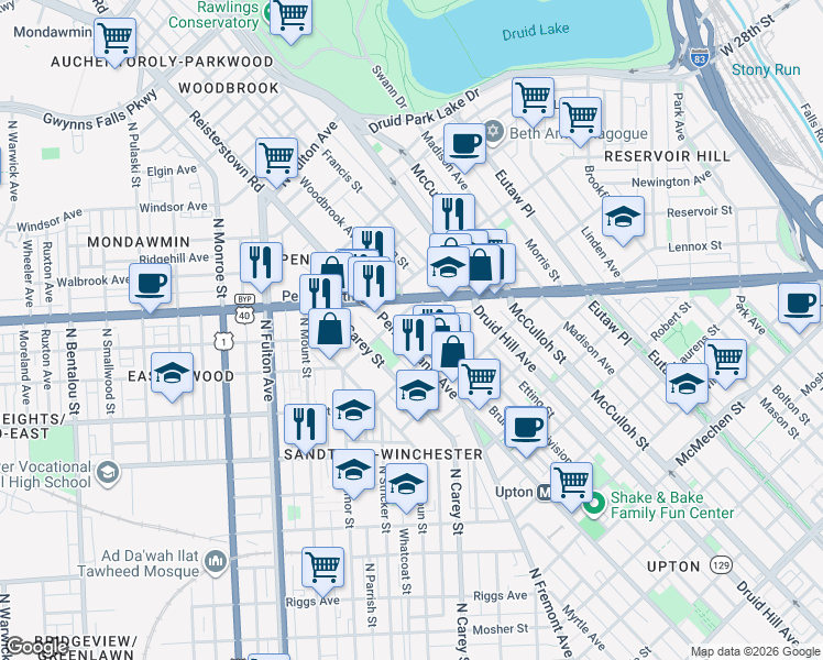 map of restaurants, bars, coffee shops, grocery stores, and more near 518 Sanford Place in Baltimore